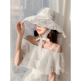 Women Roll Up Floppy Hat Wide Brim Sun Beach Hat Travel Beach Hat Packable Elegant Wide Brim Hat Summer Sun Protection Hat Foldable Lace Beach Sun Hat for Weeding Church Photography Tea Party