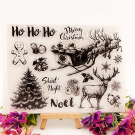 Christmas Elk Pulled the Sleigh Clear Stamps Silicone Stamp Cards with Sentiments, Santa Claus Bell Snowflake Transparent Seal Stamps for Holiday Card Making Decoration and DIY Scrapbooking Album DIY