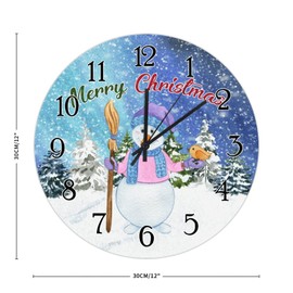 Art Clock Merry Christmas Snowman Wall Clock Silent Non-Ticking Hanging Wall Clocks Winter Snowman Family Round Clock Happy Holidays Clocks for Home Office 12inch Christmas Eve Gift to Mom