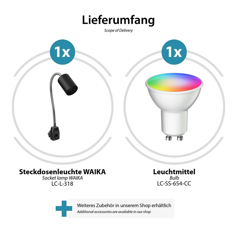 ledscom.de WAIKA GU10 Socket Lamp Gooseneck Switch Black with Smart