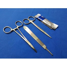 3 PCS Premium OR Grade Suture Laceration KIT Mosquito HEMOSTAT Forceps 5" Curved + IRIS Scissors 4.5" Straight+ Scalpel Knife Handle #3 + 5 STERILE Blade #15C (HTI BRAND)