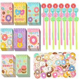LiYiQ 148 Pcs Donut Party Favors Bulk Donut Mini Spiral Notepads Donut Pens Stickers Set for Donut Birthday Party Classroom School Reward Gift Prizes Goodie Bags Stuffers