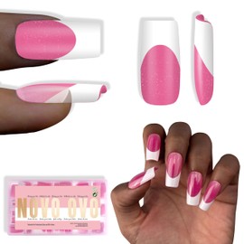NOVO OVO White French Tip Square Nail Tips Press on ROSE PINK, Extra Thick Medium Soft Gel Fake Nail Acrylic Extension, Need Builder Gel Top Coat, No Glue Included, for Salon DIY x 15 Sizes 240 pcs