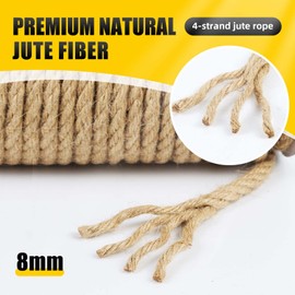 Radix Rope Natural Jute Twine, 8MM x 100FT Jute Rope Roll, Heavy Duty Thick Twine for Cat Scratching Post, Bundling, Gardening and DIY Crafts
