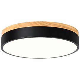 TEMINBU Dimmable Wood LED Ceiling Light, 5CCT 2700K-6000K Modern Black Flush Mount Ceiling Light, Minimalist Round Close to Ceiling Light Fixture for Bedroom, Kitchen, Laundry Room, Hallway, 11.81in