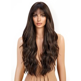 CGVG Brown Wig with Highlight Long Wavy Wig with Fringe Charming Brown Curly Wig for Women Daily Use Date Party Fancy Dress Wig