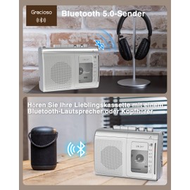 Gracioso Tragbarer Kassettenrekorder mit Bluetooth-Sender, AM FM Walkman Kassettenspieler mit Kopfhörerbuchse & großem Lautsprecher, Mikrofonbuchse, 2*AA batteriebetriebener Kassettenrekorder