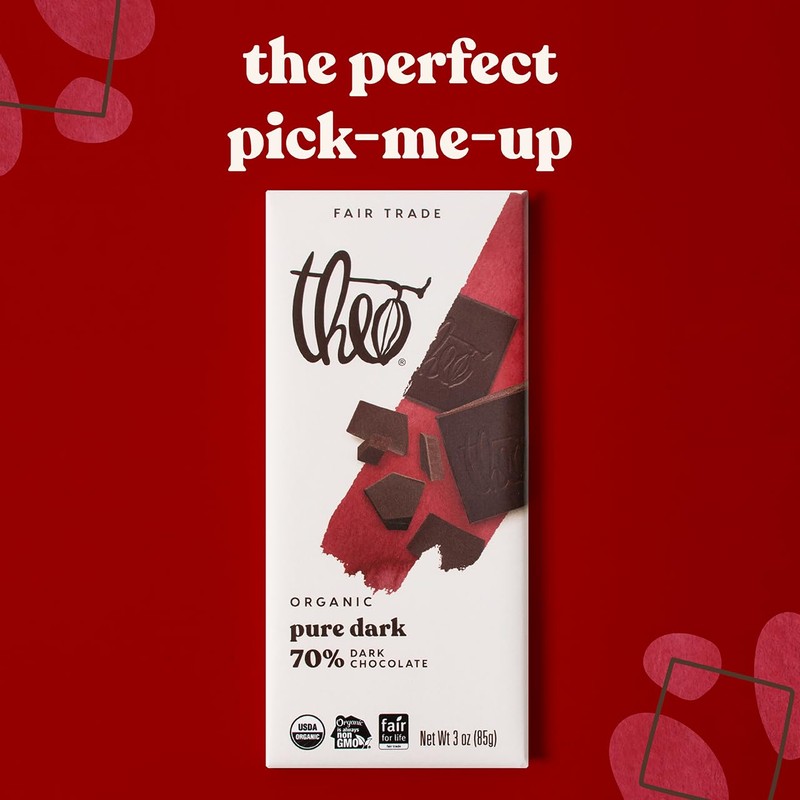 Theo Chocolate Pure Organic Dark Chocolate Bar, 70% Cacao, 12