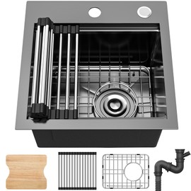 YITAHOME Black Drop In Kitche Sink Workstation, 15" Top Mount Stainless Steel Nano Gunmetal Black Small RV Sink with Cutting Board & Accessories for Workstation, Bar, 15 x 15 x 9 in