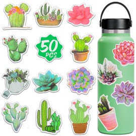 Bifarde 50Pcs Green Cactus Plant Stickers - Vinyl Waterproof Succulent Decals for Laptop, Luggage, Notebooks, Water Bottles, Skateboards, Phones