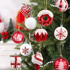 Christmas Tree Ball Ornaments Set, 49 ct Red White Desserts Theme Xmas Assorted Ornament, Shatterproof Decorative Hanging Ball Ornaments for Party Wedding Christmas Tree Decoration