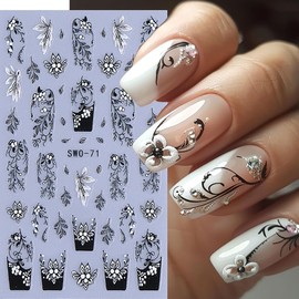 Flower Nail Stickers for Nail Art 4PCS 5D Embossed Floral Nail Decals Self-Adhesive Spring Sticker for Nails Art Design Slider Manicures Accessories Charm Pink Black Flower Nail Art Supplies for Women