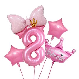 Pink 8: 40 Inch Pink Number 8 Balloons With Large Helium Foil Princess Crown and Butterfly Balloons, 8th Birthday Party Supplies
