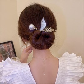 Ins Style Elegant Lazy Hair Curler, French Twist Hair Bun Maker, Lazy Flower Hairpin,Rhinestone Hand-Embroidered Flower Hair Accessory (2Pcs-Fish Tail+Pearl)