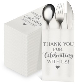 Fuutreo 100 Pcs Wedding Linen Feel Napkins Pocket Disposable Flatware Airlaid Paper Absorbent Dinner Napkins for Wedding Shower Engagement Party Decorations(Silver)
