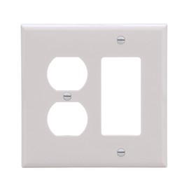 Eaton PJ826W 2-Gang Combination Duplex Receptacle Decorator GFCI Rocker Switch Cover Wall Plate, Unbreakable Polycarbonate, Mid-Size, White