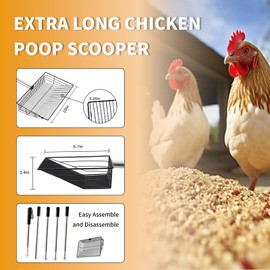 HitTopss Metal Chicken Poop Scooper, Large Chicken Coop Scoop with 24" to 68" Adjustable Stainless Steel Handle, Litter Sifting Shovel Chicken Coop Ccooper for Sand, Pet, Chicken, Cat (10 inch)