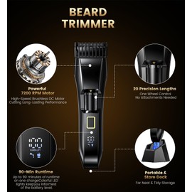 Men's Beard Trimmer-All-in-One Mustache Trimmer for Men with 20 Length Adjustable, Stainless Steel T-Blade for Precision Facial Hair Trimming Cordless IPX7 Waterproof Wet/Dry Clipper,LED Display