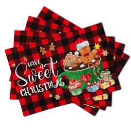Giwawa Gingerbread Placemats Set of 4, Have A Sweet Christmas Red Black Buffalo Plaids Place Mat, Winter Hot Cocoa Cookie Table Mats 12"x18" for Kitchen Dining Holiday Party Decor