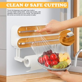 Magnetic Plastic Wrap Dispenser with Cutter - Quasziwa Refillable Tin Foil and Plastic Wrap Organizer for Kitchen, Aluminum Foil Dispenser with Paper Towel Holder Wall Mount - Fits 12" Roll, White