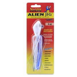 No Alibi Alien Jig Offshore Series, Glow Blue/White Skirt, 4 oz White/Blue Head, 5/0 Hooks (2)