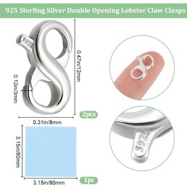Beebeecraft 1Box 2Pcs Double Opening Lobster Clasp 925 Sterling Silver Necklace Connector Closure with Polishing Cloth for Jewelry Making Bracelet DIY 12mm