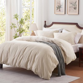 Uniclinens Cotton/Linen Duvet Cover King - Prewashed 3Pcs Comforter Cover King Size Set with Zipper Closure and 8 Ties, Breathable and Skin-Friendly Bedding Set (Solid Beige, King)