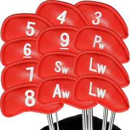 Golf Club Headcovers Iron Synthetic Leather Deluxe Value 12 Pack Color Red, Golf Head Covers with Number Printed Durable Light for Men Women Color Black Blue Red Universal Fit All Irons Clubs (Red)