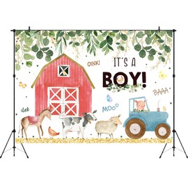 Aperturee Farm Animals Baby Shower Backdrop 7x5ft It's a Boy Red Barn Greenery Green Leaves Kids Prince Photography Background Oh Boy Newborn Party Decoration Banner Props Photo Booth