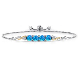 Gem Stone King 2.02 Cttw 925 Silver and 10K Yellow Gold Simulated Blue Opal and Lab Grown Diamond Bracelet For Women | Gemstone Birthstone | Round Cabochon 5MM | Fully Adjustable 9 Inch