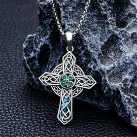 Suiknsn Shamrock Necklace 925 Sterling Silver Abalone Shell Christian Cross Pendant Four Leaf Clover Necklaces Jewelry St Patricks Birthday Gifts for Men Women