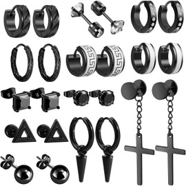 YIUTERA 12 Pares Aretes para Hombre, Pendientes Unisex de Acero Inoxidable, Estilos de Aretes de Cruz, Aretes Hombre Mujer para Cualquier Peinado y Vestimenta (Negro)