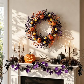 20" Halloween Wreaths for Front Door with Jack-o'-Lanterns and Candy