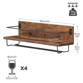 HOOBRO HOOBRO Wall Mounted Wine Rack 2 Pack, Wine Shelf Hanging Floating Wall Shelves, Wine Glass Bottle Rack Stemware Holder, for Living Room, Dining Room, Kitchen, Rustic Brown and Black BF28BJ01