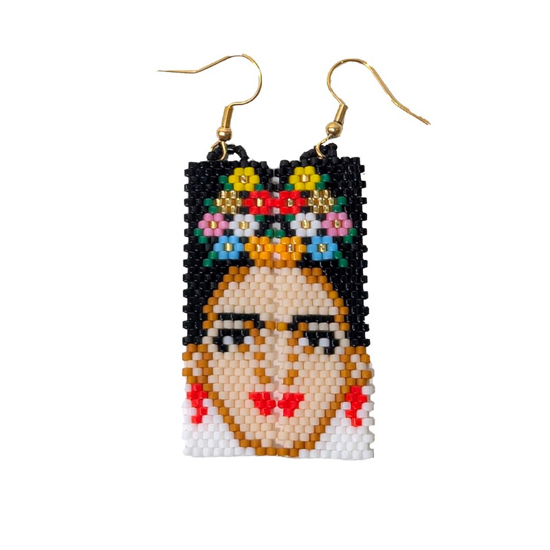 Frida-Inspired Beaded Mexican Folkloric Portrait Artisan Statement Jewelry Dangle Earrings,