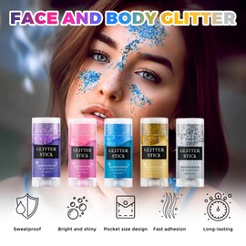 Sparkling Glitter Stick, Sweatproof Hair Glitter Gel, Instant Adhesion Silver Body Glitter Pocekt Size Silver Face Glitter for Kids Women 0.56 Oz.(Silver)