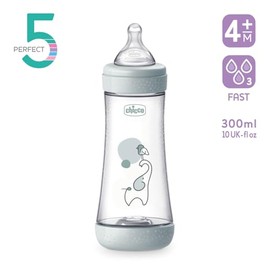 Chicco PERFECT 5 Biberón anticólicos de 300 ml, biberón de flujo rápido para mayores de 4 meses con tetina de silicona suave, biberón similar al pecho