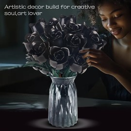 12 Black Roses Flower Bouquet Building Blocks,DIY Botanical Collection Bouquet Decoration,Memorable Present for 6+ Kids or Adults Women