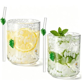 Ovveroche 2 Pcs Hawaii Icon Juice Glass Cups with 2 Straws, 17oz Aesthetic Summer Stemless Drinking Glasses, Cute White Speckled Tumbler for Coffee, Water, Cocktails, Home Party Supplies & Gifts