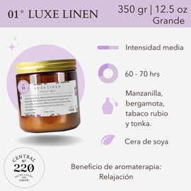 CENTRAL 220 | Vela Aromática | Serenidad Nocturna/Luxe Linen | Manzanilla, Bergamota y Tonka | 350g | 60-70 Horas de Bienestar