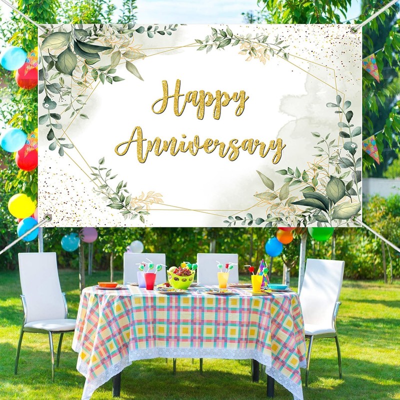 7x5ft Greenery Theme Happy Anniversary Backdrop Green Leaves Gold Glitter
