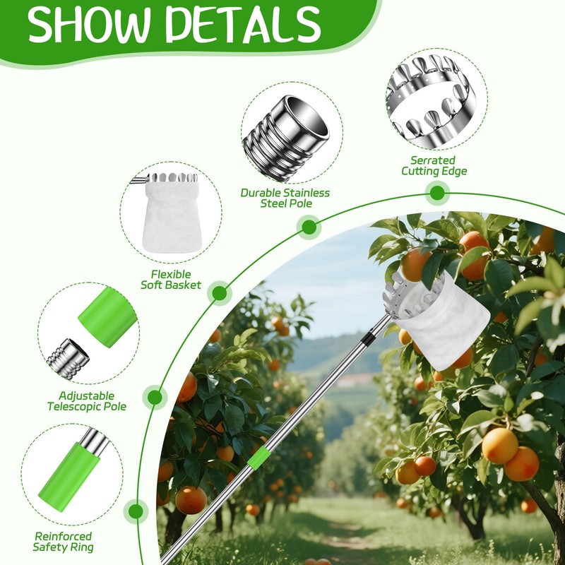 BURMONG 6.6 FT Fruit Picker Tool with Stainless Steel Pole