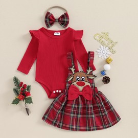 Xeadoffubio Christmas Suit for Girls Romper Braces Skirt Set Baby Cute Christmas Clothing Long Sleeve Bodysuit with Ruffles + Tutu Skirt with Straps and Headband, Red-n