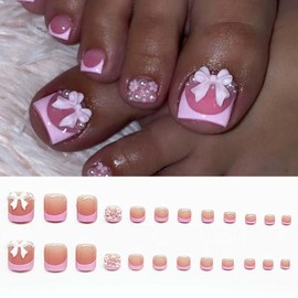 Bow Toe Press on Nails French Tip Toe Nail Press ons with Designs Short Square Press on Toenails for Women Pink Fake Toe Nails Acrylic Nails Artificial Toenails for Pedicure Decorations 24Pcs