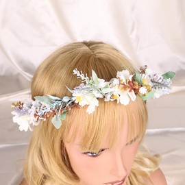 yuruyi Flower Crown for Women, Fake Floral Crown with Pearl Crystal Headpiece Boho Hair Wreath Adjustable Hair Accessory Garland for Women (White Daisy Green Leaves, Adjustable)