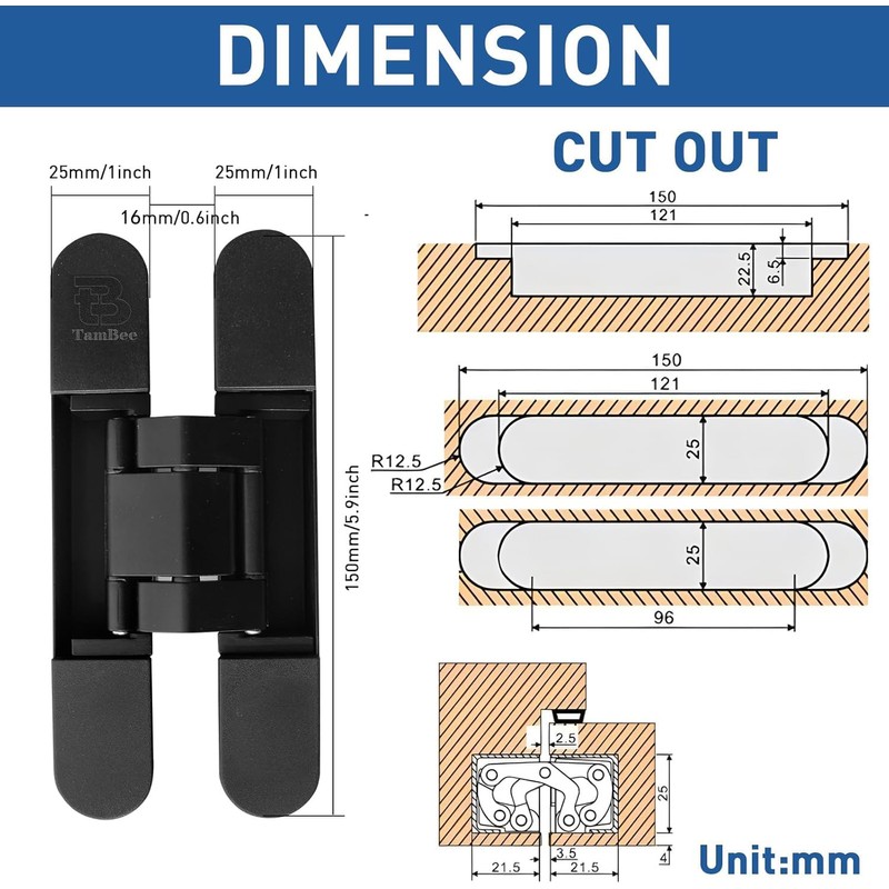 TamBee Hidden Hinges Concealed Door Hinge - Black, Zinc Alloy,