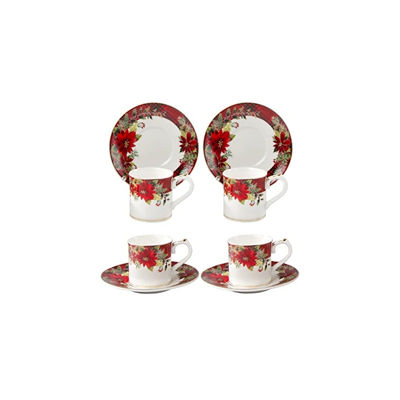 Grace Teaware Poinsettia Plaid Espresso Cups 2-Ounce with Saucers, Set