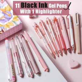 Four Candies 12Pack Pastel Gel Ink Pen Set, 11 Pack Black Ink Pens with 1Pack Highlighter for Writing, Retractable 0.5mm Fine Point Gel Pens, Cute Note Taking Pens for School Office (Pink)