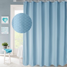 AooHome Extra Long 75 Inch Shower Curtain, Fabric Bathroom Curtain Waffle Weave Plaid Design with Hooks, Weighted Hem, Heavy Duty, Water Repellent, Light Blue