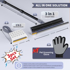 3 in 1 Carpet rake Kit for Pet Hair Removal Tool - Reusable Pet Hair Remover Broom w 58" Adjustable Long Handle, Dog & Cat Carpet Scraper, Pet Hair Remover for Rugs, Mats, Couch, Curtains(Gray)
